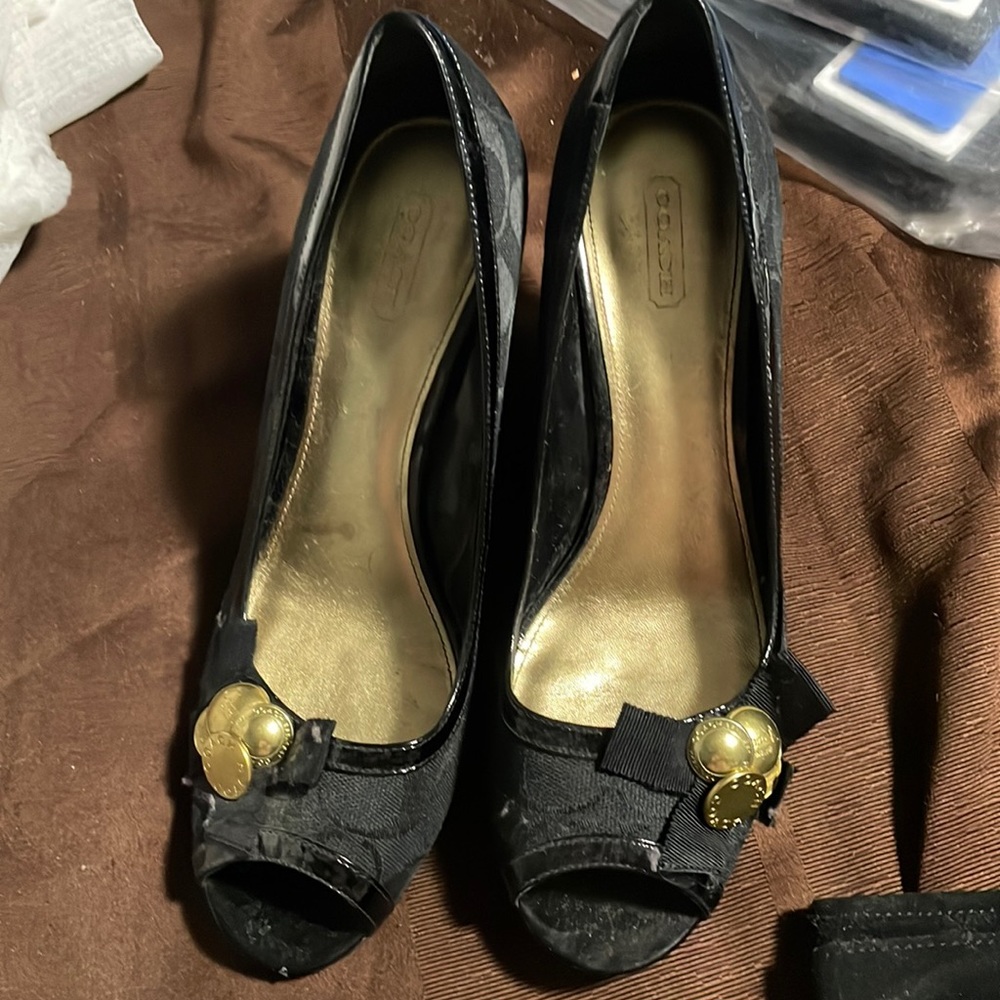 Coach Black Wedges with Gold Accents
